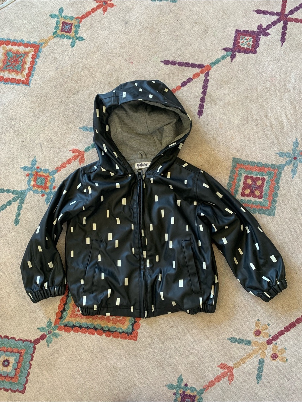 Kids Black Hooded Raincoat with White Dot Print